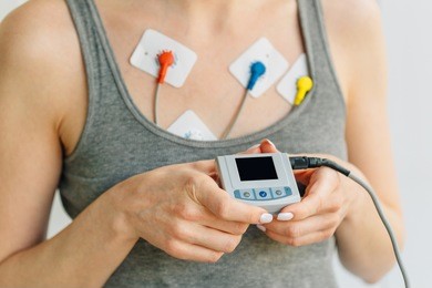 woman wearing holter monitor device for daily monitoring of an electrocardiogram. treatment of heart diseases