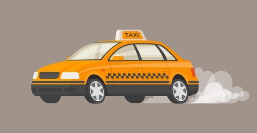 fast taxi. the car rides to order, leaving a puff of smoke behind. the concept of quick delivery. vector illustration in a flat style