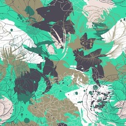 vector seamless pattern with flowers and paint stains, floral background, hand drawn illustration