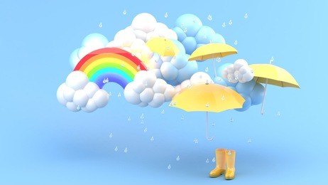 umbrellas and yellow boots amid rainstorms and rainbows on a blue bachground.-3d render.
