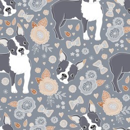 boston terrier and beautiful flowers vector seamless pattern.