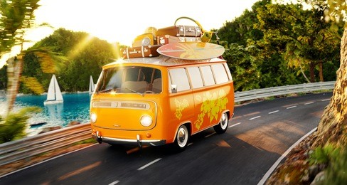 cute little retro car with suitcases and surf on top goes by the road along beautiful harbor between mountains in summer day. unusual 3d illustration. travel and vacation concept