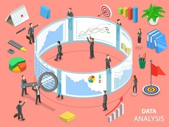 data analysis flat isometric concept. a business team is watching to the huge round monitor for searching and investigating some information.