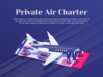 private jet charter flights. air travel flat 3d isometric design concept. pilot and stewardess stand near the plane. banner for advertisement and website. passenger aircraft. vector illustration