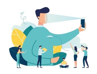 vector illustration on a white background, recognition using a laser concept face id, a man holds a phone in his hand and scans the application , modern technology