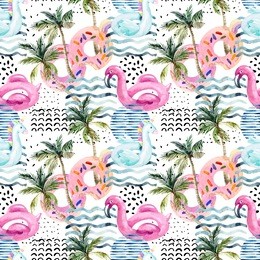 watercolor seamless pattern with cartoon pool floats, palm trees in minimal style. water color flamingo pool float, donut lilo floating on 80s 90s background. hand painted summer holiday illustration