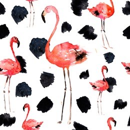 hand drawn illustration with flamingo and dots. tropical summer beach motif. swimwear design, wrapping, background, wallpaper, fabric. hawaiian print. jungle birds repeated ornament. africa.