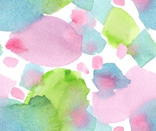 seamless pattern with big pink, blue and green blots and brush strokes painted in watercolor on white background