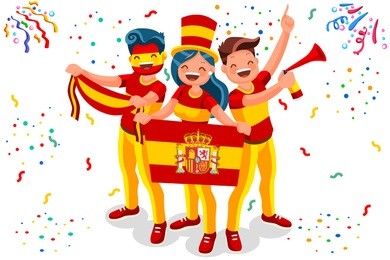 russia 2018 world cup, spain football supporters. cheerful soccer supporters crowd and spanish flag. flat isometric people celebrating spain national day. vector illustration web banner, hero images.