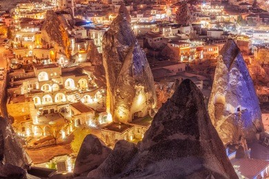 beautiful view goreme, cappadocia, turkey at night. famous center of balloon fligths.