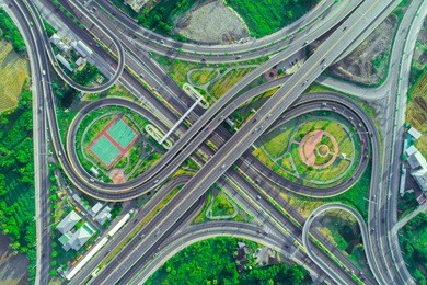 top view, aerial photos, traffic on highway with cars.