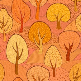 seamless vector landscape of autumn forest with trees and hills, in orange and red shades