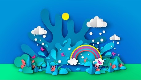 illustration of a wonderful pond in the rainy season. natural garden design with water splash, rain, rainbow, flowers, plants, grass, butterflies, rocks and sky. paper cut style. vector,illustration.