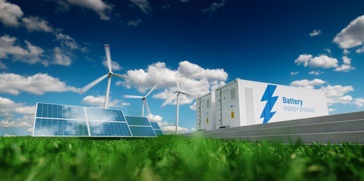 concept of energy storage system. renewable energy - photovoltaics, wind turbines and li-ion battery container in fresh nature. 3d rendering.