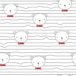 seamless pattern with funny bear and red bow tie. vector hand drawn illustration.