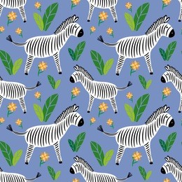 hand drawn vector tropical pattern with african zebras and plants and flowers, on a blue background. zebras zig and zebras zag. cartoon style.