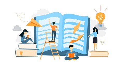 book reading illustration. people sitting and reading.