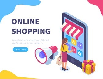 online shopping concept banner with characters. can use for web banner, infographics, hero images. flat isometric vector illustration isolated on white background.