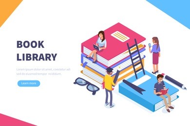 book library concept banner with characters. can use for web banner, infographics, hero images. flat isometric vector illustration isolated on white background.