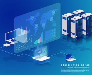 concept of big data processing, energy station of future, data center, cryptocurrency and blockchain isometric composition smart object and smart technology design. for working on blockchain start up.