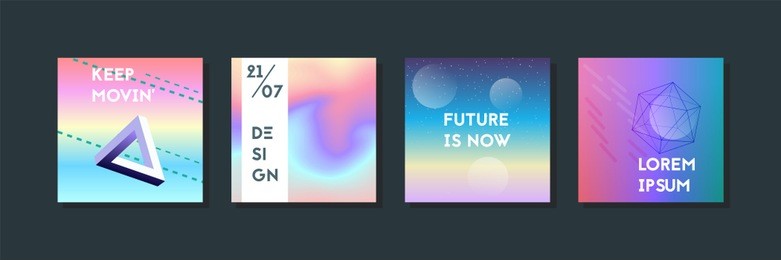 holographic fluid set. geometric shapes on gradient background. trendy hipster template for card, presentation, banner, flyer, brochure. minimal holographic fluid in neon colors. memphis style
