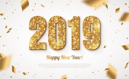 happy new year banner with gold 2019 numbers on bright background with flying confetti. vector illustration.