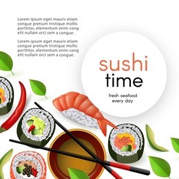 japanese sushi restaurant template with rolls and nigiri with soy sauce and chopsticks isolated on white background. realistic asian seafood banner with copy space, vector illustration.