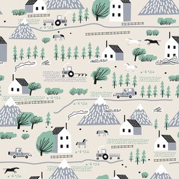 seamless colorful pattern with house, trees, horses, mountains and hills. nordic nature landscape concept. perfect for kids fabric, textile, nursery wallpaper.