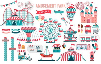 amusement park, circus and fun fair theme set, with roller coasters, carousels, castle, air balloon. vector illustration.
