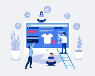 online shopping design concept. small people buy things on the site. laptop screen with open site with goods t-shirt. flat design. vector illustration.