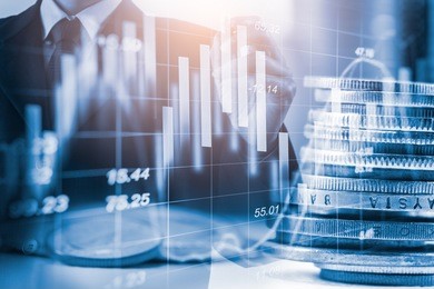 double exposure businessman and stock market or forex graph suitable for financial investment concept. economy trends background for business idea and all art work design. abstract finance background.