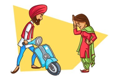 a vector illustration of a punjabi sardar starting his scooter with his girlfriend standing besides him
