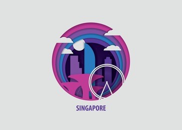 creative paper cut layer craft singapore vector illustration. origami style city skyline travel art in depth illusion