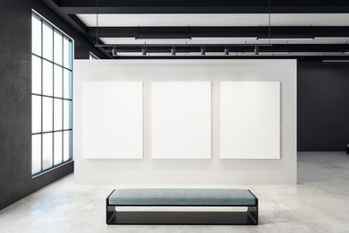 contemporary exhibition hall with blank banner and bench. window with city view. gallery, art, exhibit and museum concept. mock up, 3d rendering