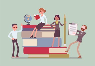 teachers group at giant books. school or college workers with professional discipline tools, university staff poster. science and education concept. vector flat style cartoon illustration