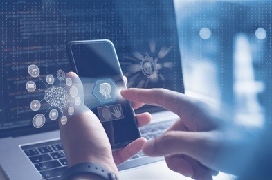 ai, artificial intelligence, big data, internet of things iot. man, programmer, software engineer using mobile smartphone by id touch on screen, coding on laptop computer with technology background