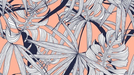 floral seamless pattern, split-leaf philodendron and palm leaves on orange background, line art ink drawing