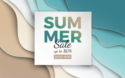 summer sale banner with paper cut frame on blue sea and beach summer background with curve paper waves and seacoast for banner, flyer, poster or web site design. paper cut style, vector illustration