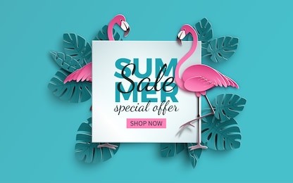 summer sale banner with paper cut flamingo and tropical leaves background, exotic floral design for banner, flyer, invitation, poster, web site or greeting card. paper cut style, vector illustration