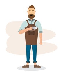 barista man and woman with machine and accessories in a coffee shop. vector illustration