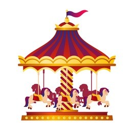 vector illustration of colorful and bright circus carousel, roundabout with horses, circus concept in cartoon style on white background.