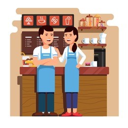 chinese entrepreneurs couple owners of small coffee & pastry shop business. man & woman standing in front of counter together. takeaway cafe business interior. flat style isolated vector illustration.