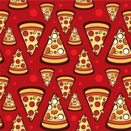 pizza slices on red background vector seamless pattern. design for wrapping paper, packaging, textile and menu decoration. pizza margarita and pepperoni.