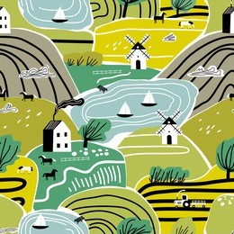 hand drawn vector abstract scandinavian graphic illustration seamless pattern with house, trees and hills. nordic nature landscape concept. perfect for kids fabric, textile, nursery wallpaper.