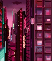 night city illustration with neon glow, cities and lights, neon city lights
