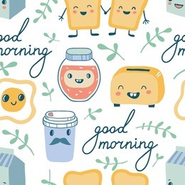 good morning. funny characters breakfast seamless pattern: toasts, cup of coffee, milk, toaster, fried egg. background with cute food and drink icons in kawaii style with smiling face and pink cheeks 