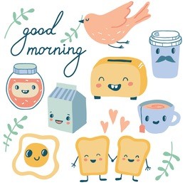 good morning. funny characters breakfast vector collection: toasts (bread), cup of coffee, tea, milk, toaster, fried egg. set of cute food and drink icons in kawaii style with smiling face