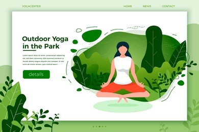 vector illustration - girl in yoga lotus pose. park, forest, trees and hills on background. banner, site, poster template with place for your text.