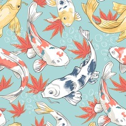 seamless pattern with koi and maple in the pond background with colorful fish and leaves