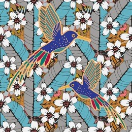 seamless pattern with humming birds, tropical flowers, leaves. summer background texture. wallpaper, fabric design